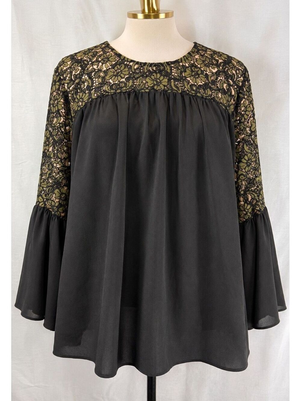 Lane Bryant Size 22 Black Olive Floral Lace Yoke Bell Sleeve Boho Blouse